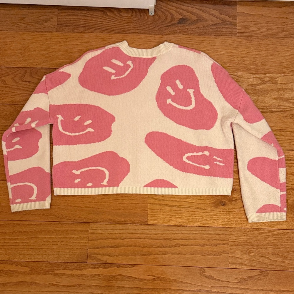 moon & madison Pink and Cream Smiley Crewneck Sweater - Picture 3 of 5